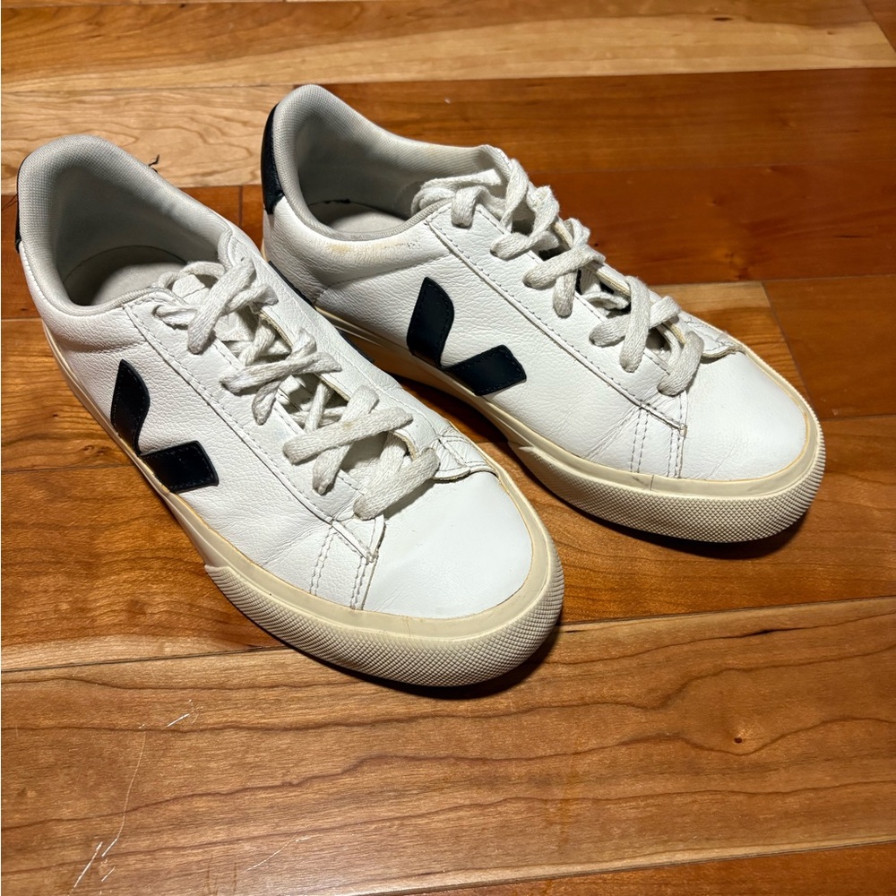 Veja White leather Sneakers with Black Logo Detail